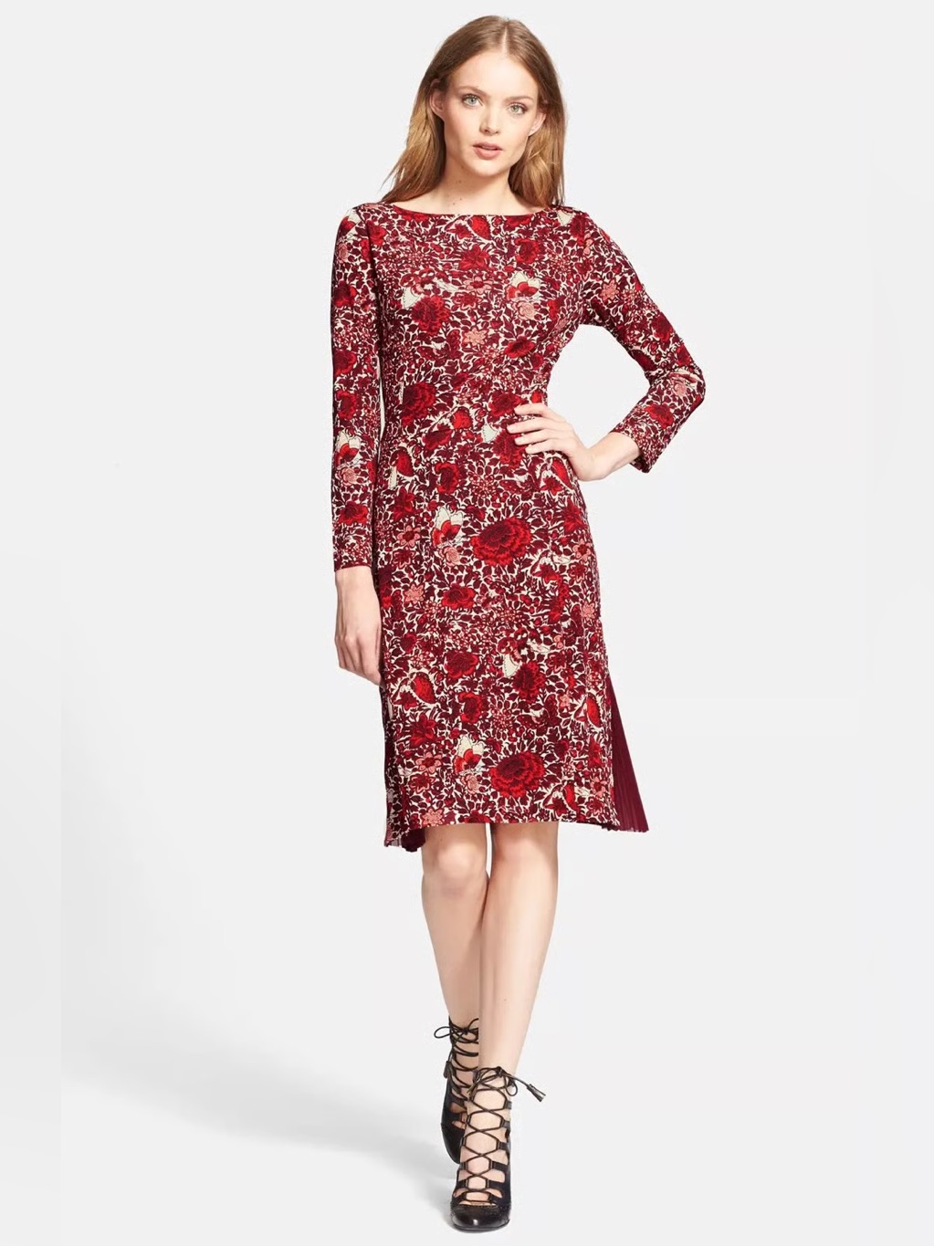 Tory Burch Ria Floral Print Midi Dress Boat Neck Long Sleeve Sheath Red